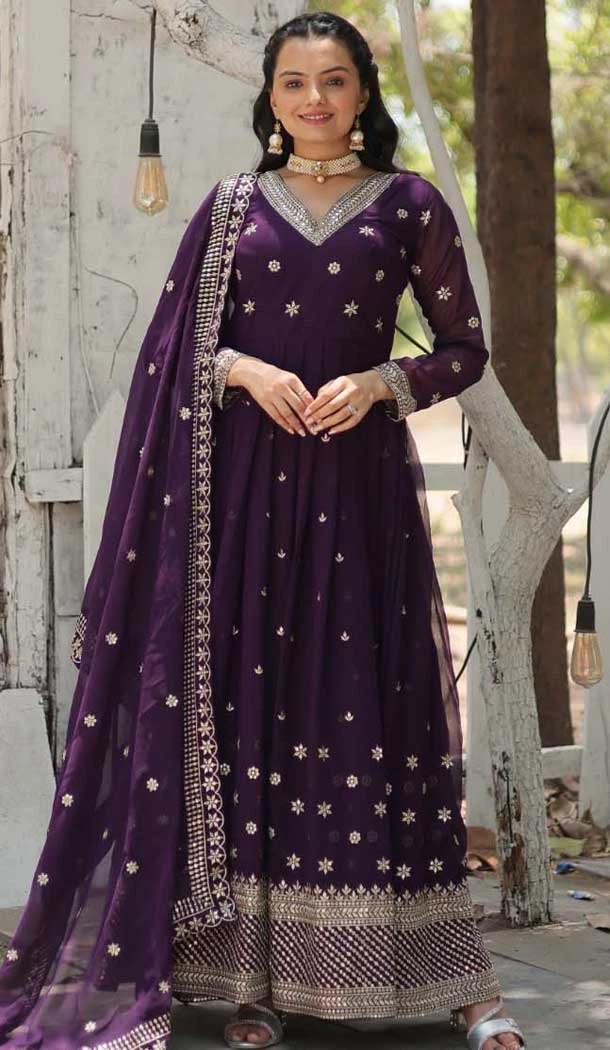 Purple Georgette Embroidered Women Readymade Gown With Dupatta - 10033192019