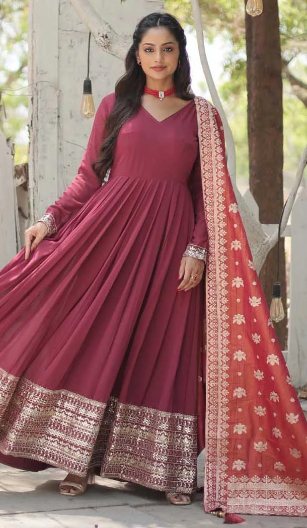 Mauve Faux Georgette Embroidered Party Wear Readymade Gown - 10034192021