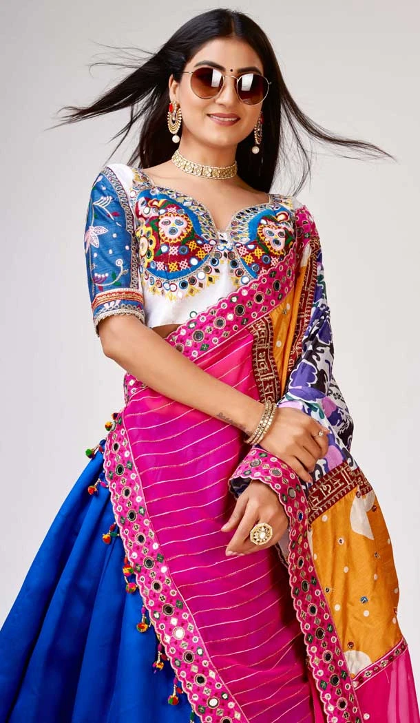Korean Silk Embroidered Navratri Lehenga Choli In White - 10045192074