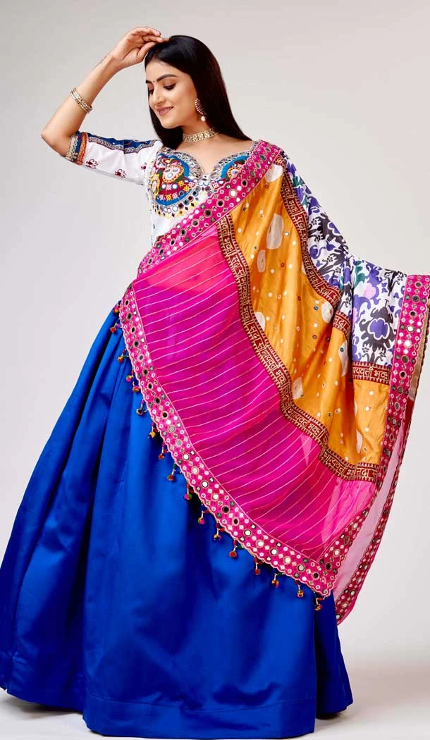 Korean Silk Embroidered Navratri Lehenga Choli In White - 10045192074