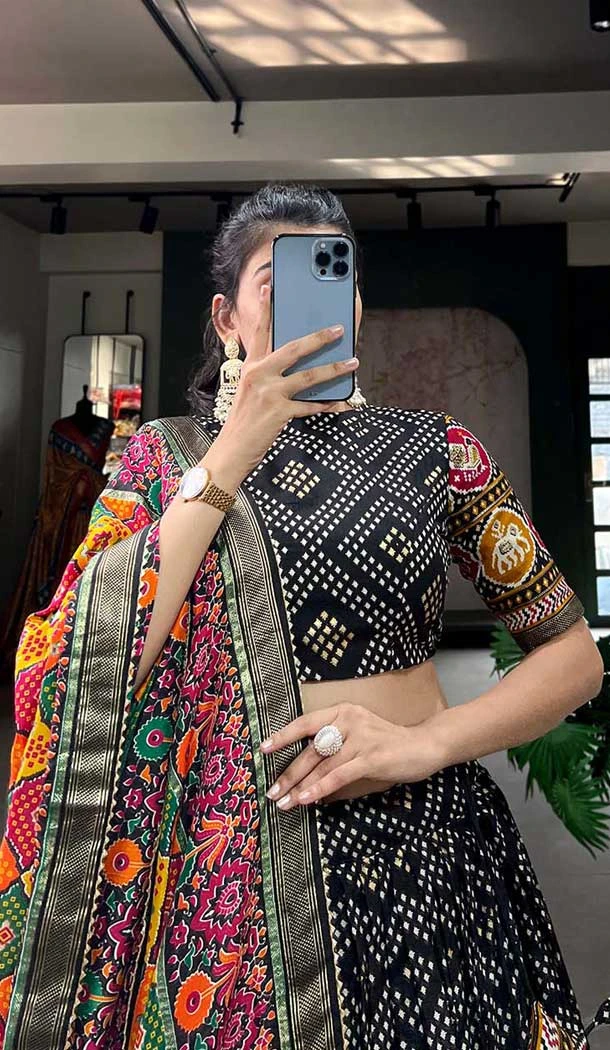 Black Tussar Silk Patola Printed Work Navratri Lehenga Choli -10046192077