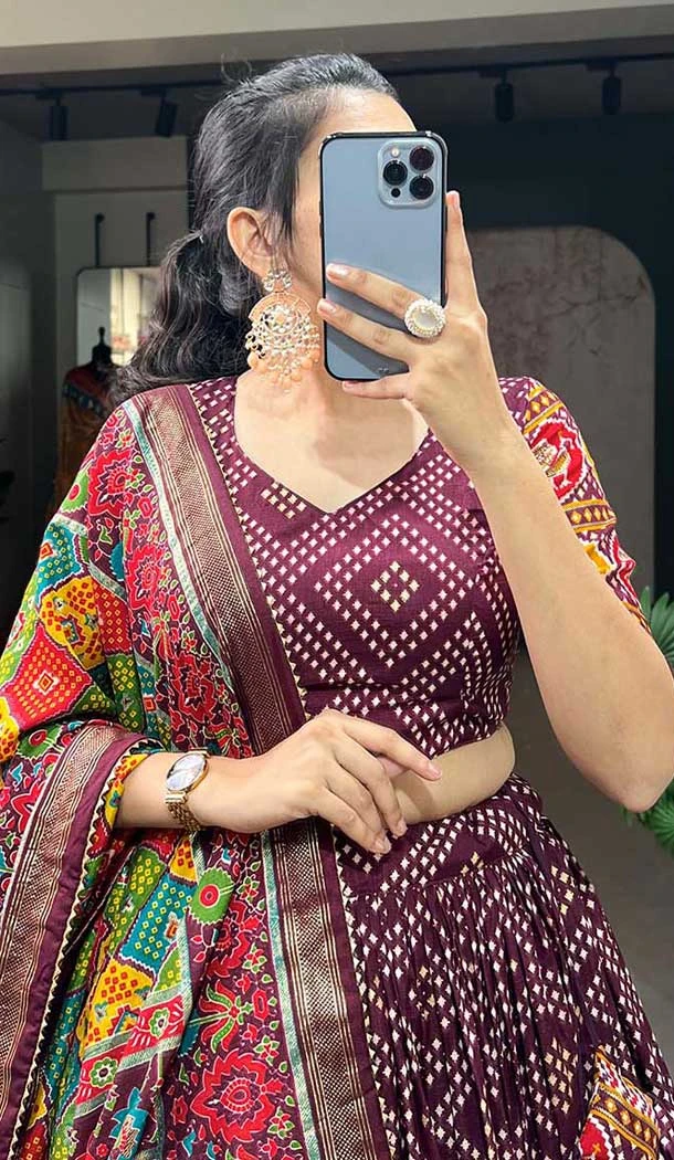 Wine Tussar Silk Patola Printed Work Navratri Lehenga Choli -10046192079