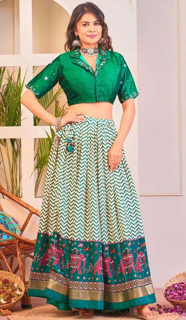 Rayon Cotton Patola Print Work Party Wear Lehenga Choli In Green - 10056192138
