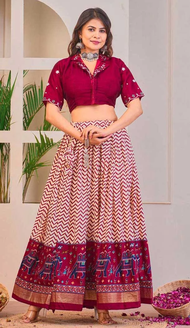 Rayon Cotton Patola Print Work Party Wear Lehenga Choli In Rani Pink - 10056192139