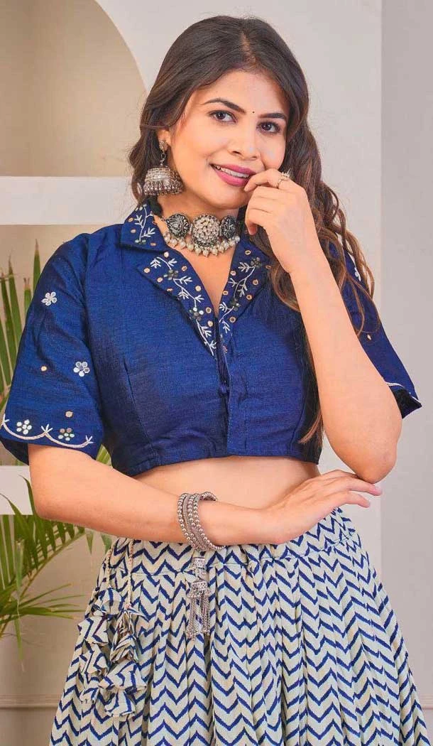 Rayon Cotton Patola Print Work Party Wear Lehenga Choli In Blue - 10056192140