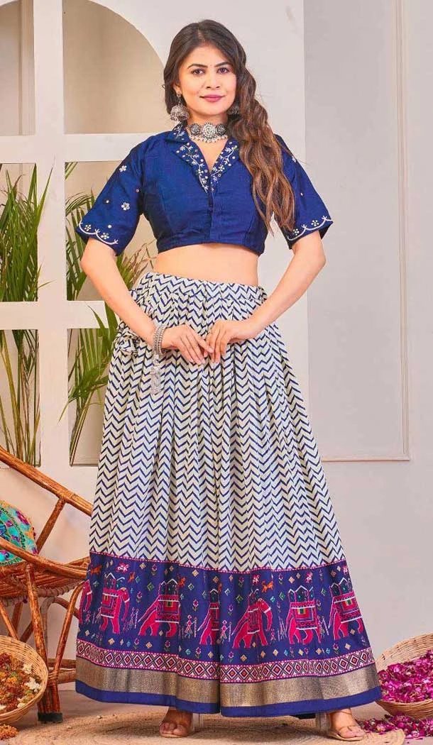 Rayon Cotton Patola Print Work Party Wear Lehenga Choli In Blue - 10056192140