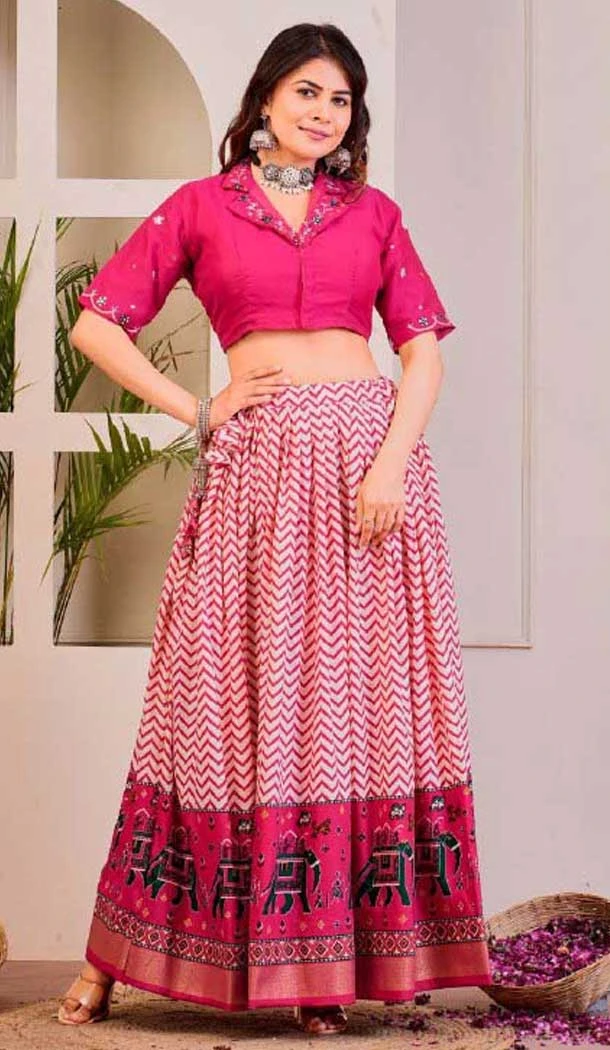 Rayon Cotton Patola Print Work Party Wear Lehenga Choli In Pink - 10056192141