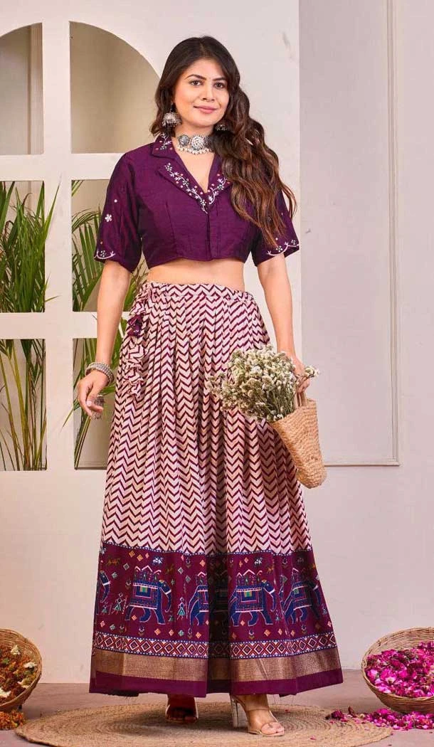 Rayon Cotton Patola Print Work Party Wear Lehenga Choli In Purple - 10056192142
