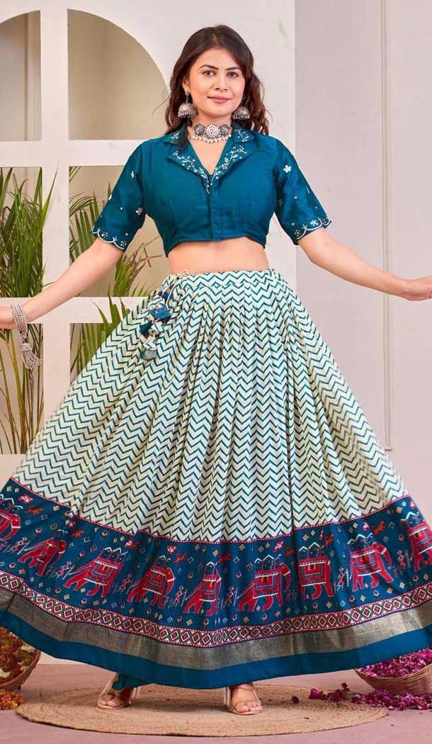 Rayon Cotton Patola Print Work Party Wear Lehenga Choli In Rama - 10056192143