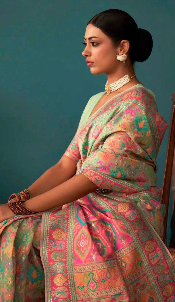Pista Green Kashmiri Pashmina Woven Work Traditional Wear Saree - 9974191553