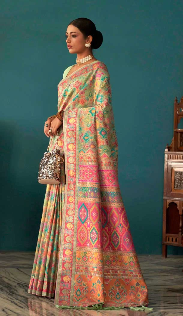 Pista Green Kashmiri Pashmina Woven Work Traditional Wear Saree - 9974191553