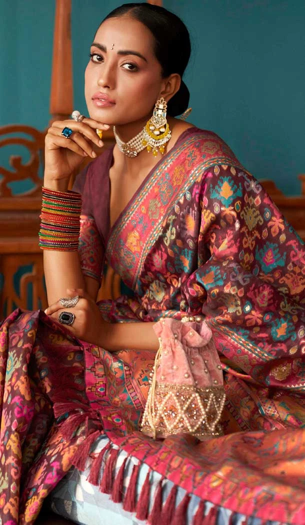 Deep Maroon Kashmiri Pashmina Woven Work Traditional Wear Saree - 9974191554
