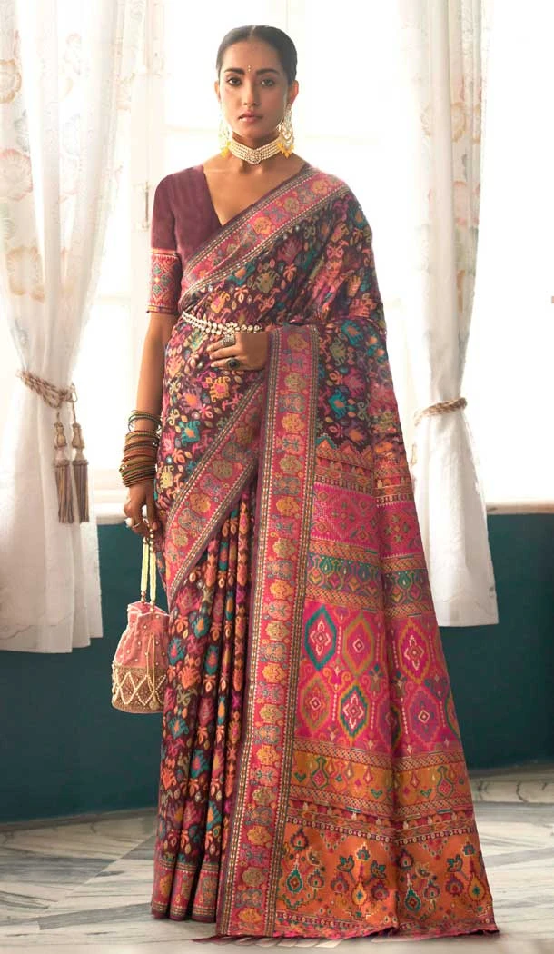 Deep Maroon Kashmiri Pashmina Woven Work Traditional Wear Saree - 9974191554