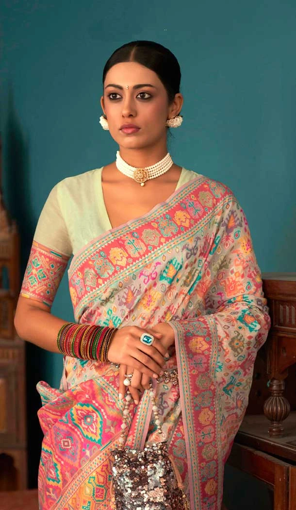 Cream Kashmiri Pashmina Woven Work Traditional Wear Saree - 9974191555