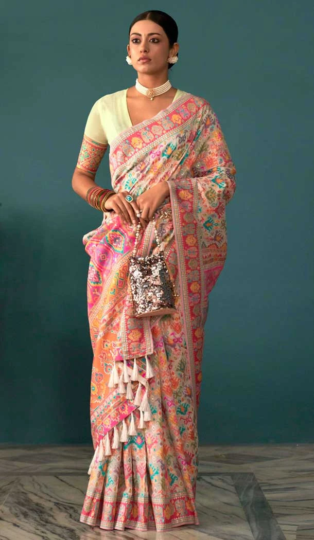 Cream Kashmiri Pashmina Woven Work Traditional Wear Saree - 9974191555