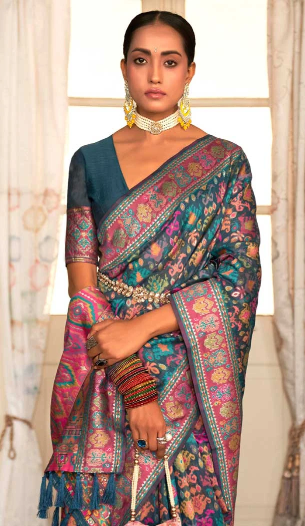Rama Blue Kashmiri Pashmina Woven Work Traditional Wear Saree - 9974191556