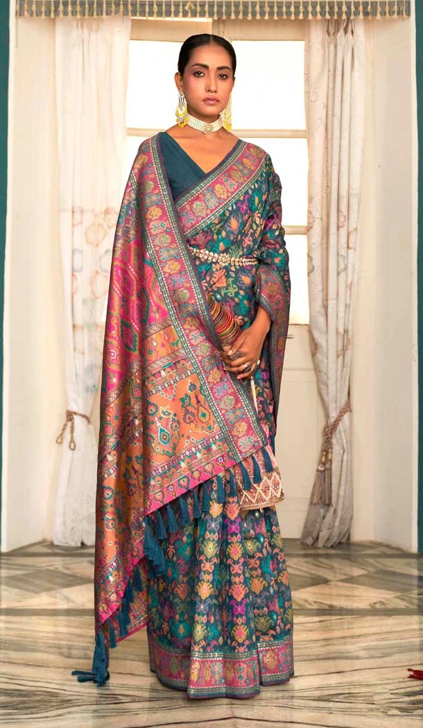 Rama Blue Kashmiri Pashmina Woven Work Traditional Wear Saree - 9974191556
