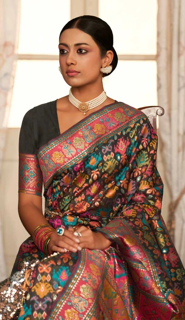 Black Kashmiri Pashmina Woven Work Traditional Wear Saree - 9974191557