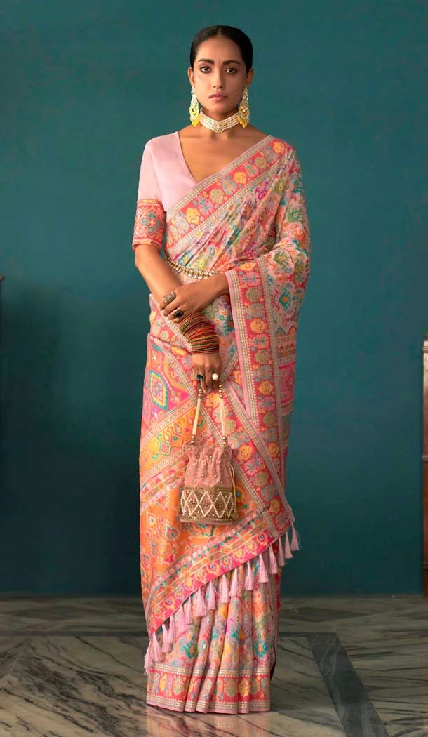 Blush Pink Kashmiri Pashmina Woven Work Traditional Wear Saree - 9974191558 Blush Pink Kashmiri Pashmina Woven Work Traditional Wear Saree - 9974191558