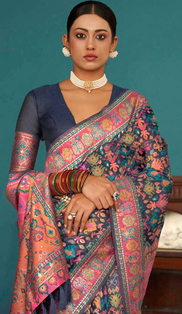 Navy Blue Kashmiri Pashmina Woven Work Traditional Wear Saree - 9974191559