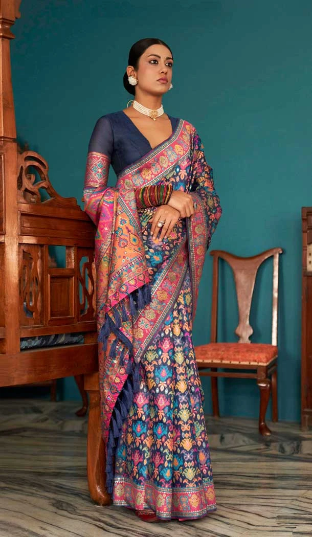 Navy Blue Kashmiri Pashmina Woven Work Traditional Wear Saree - 9974191559