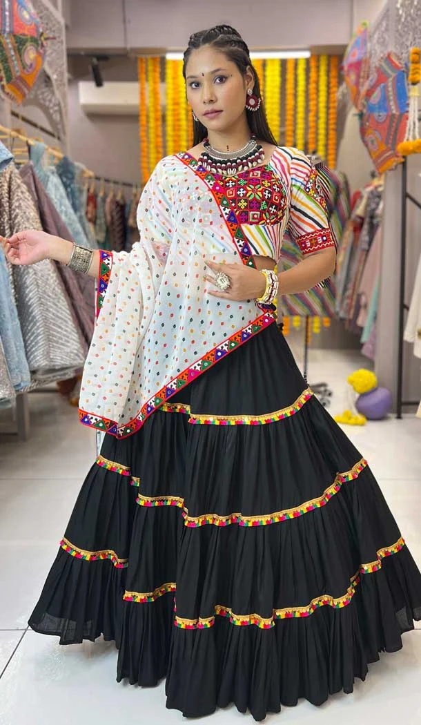 Black And Grey Maslin Rayon Sequence Work Navratri Lehenga Choli - 10047192089
