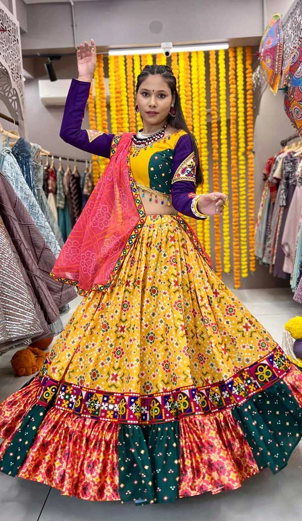 Mustard Yellow Rayon Jari Work Navratri Lehenga Choli - 10047192092