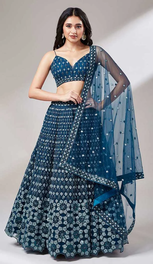 Navy Blue Net Embroidered Designer Wear Lehenga Choli - 10082192261
