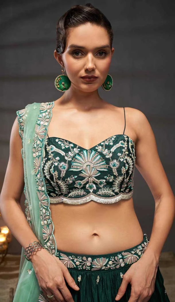Green Poly Chiffon Embroidered Designer Wear Lehenga Choli - 10082192263