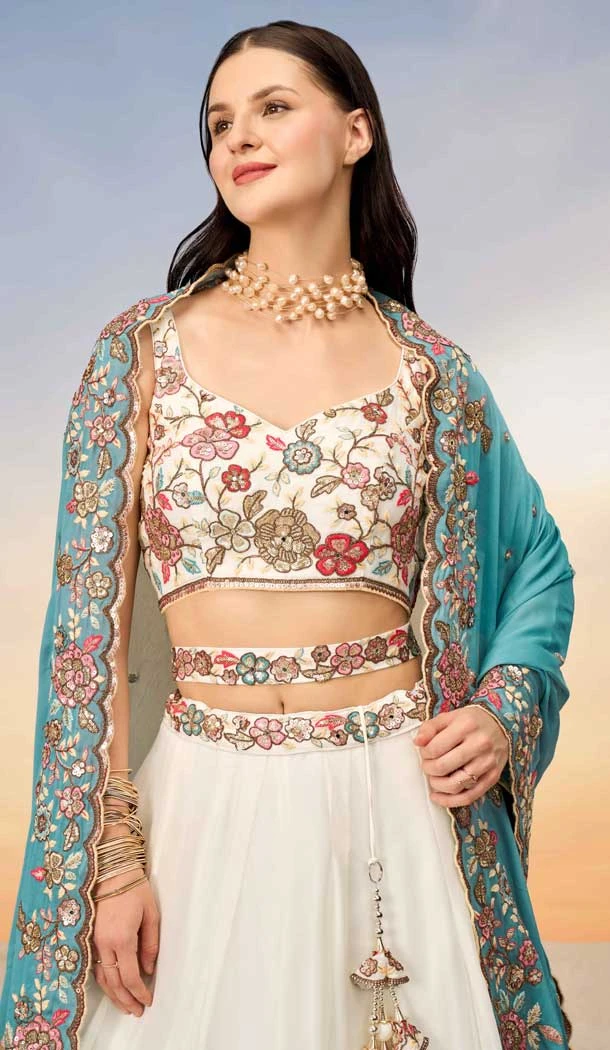 Cream Poly Georgette Embroidered Designer Wear Lehenga Choli - 10083192265