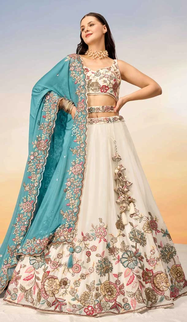 Cream Poly Georgette Embroidered Designer Wear Lehenga Choli - 10083192265