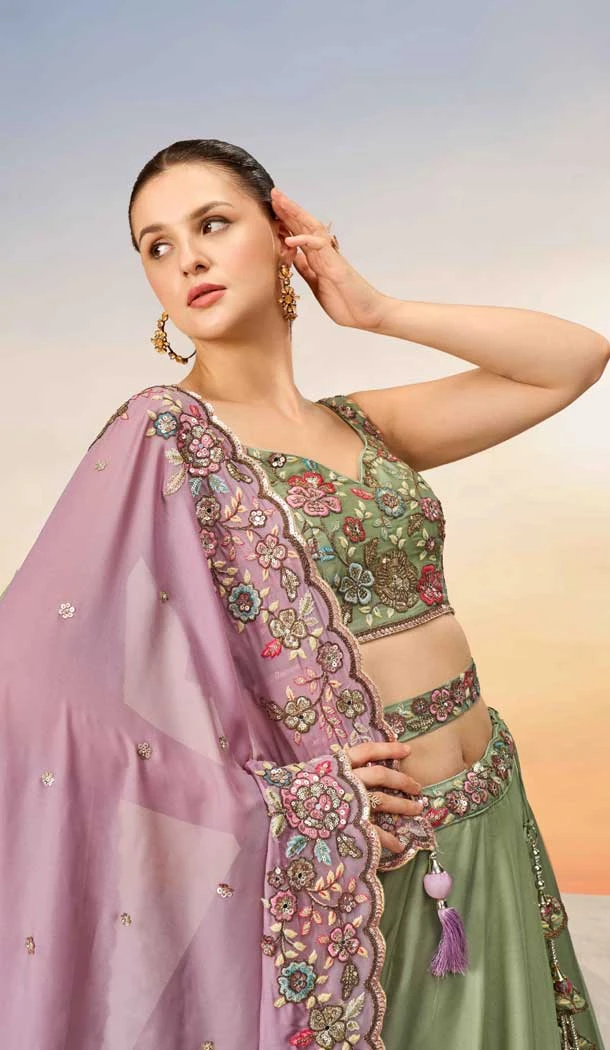 Lime Green Poly Georgette Embroidered Designer Wear Lehenga Choli - 10083192266