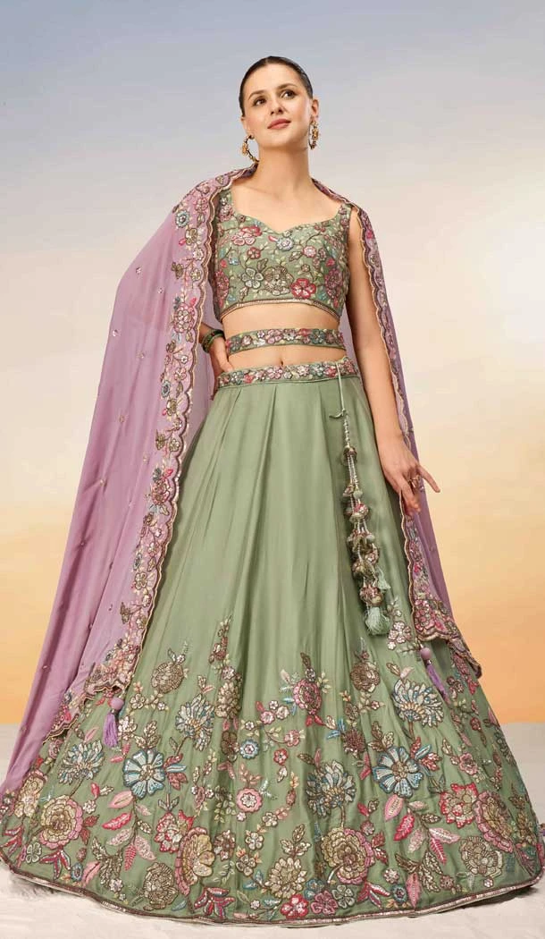 Lime Green Poly Georgette Embroidered Designer Wear Lehenga Choli - 10083192266