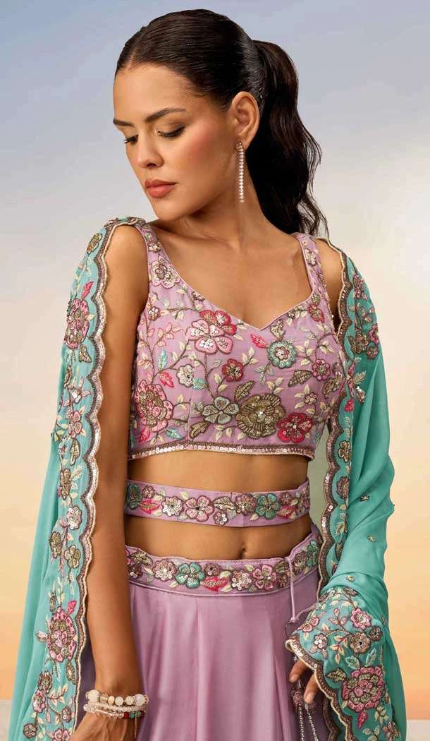 Mauve Georgette Embroidered Designer Wear Lehenga Choli - 10083192267