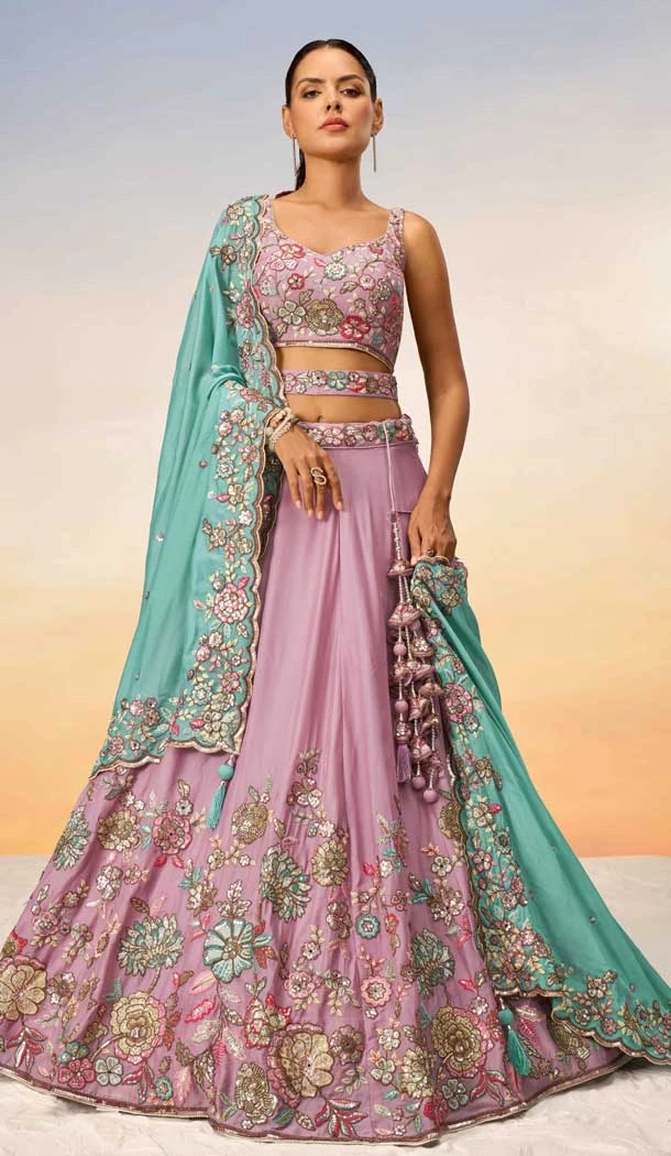 Mauve Georgette Embroidered Designer Wear Lehenga Choli - 10083192267