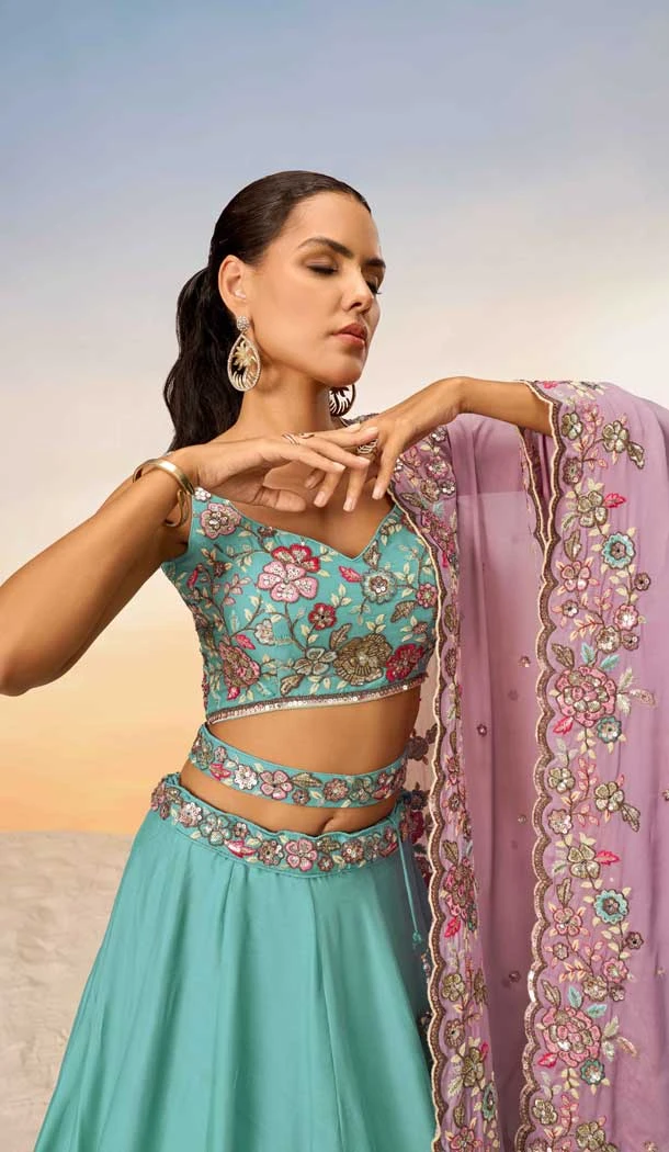 Turquoise Blue Georgette Embroidered Designer Wear Lehenga Choli - 10083192268