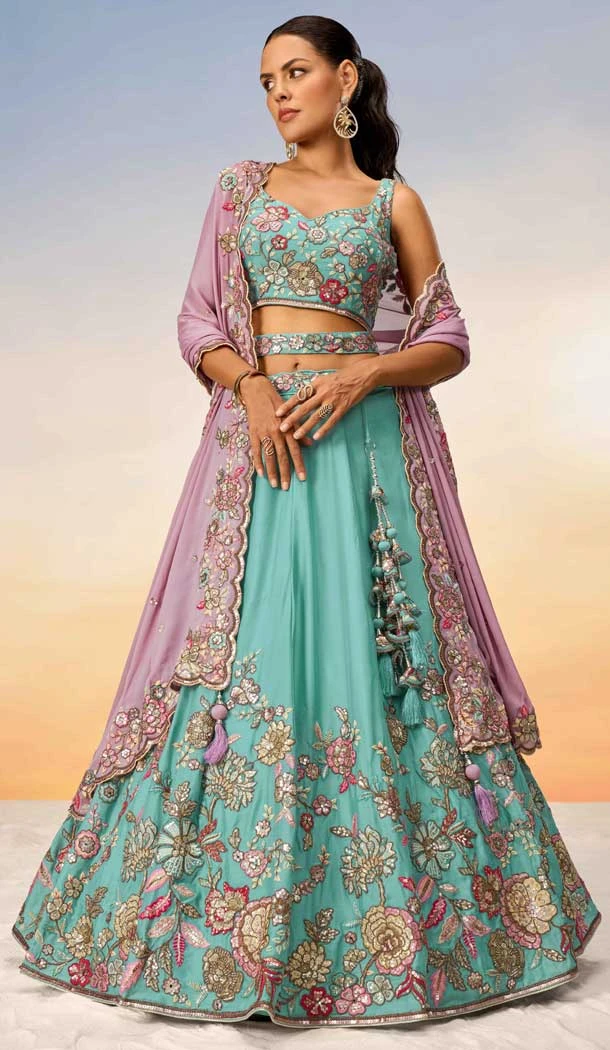 Turquoise Blue Georgette Embroidered Designer Wear Lehenga Choli - 10083192268