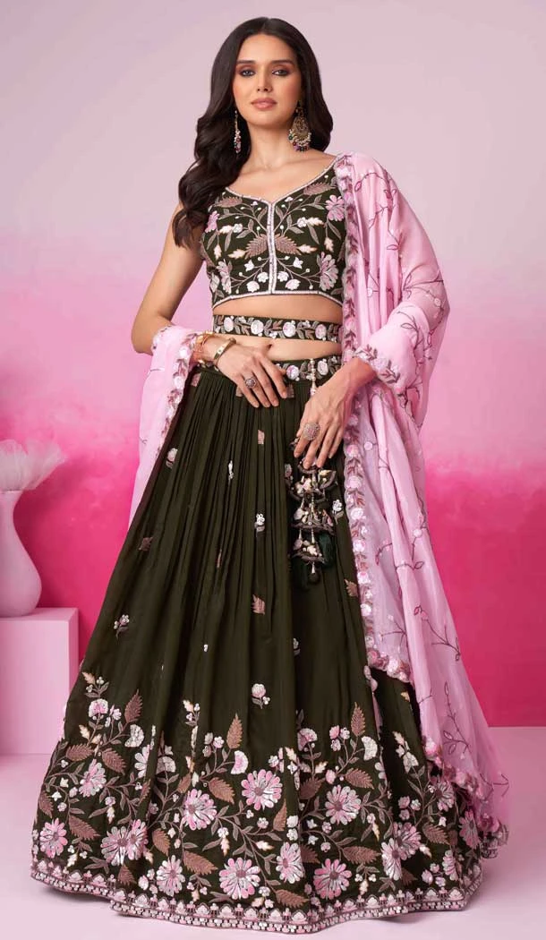 Olive Green Satin Embroidery Wedding Wear Lehenga Choli - 10084192270