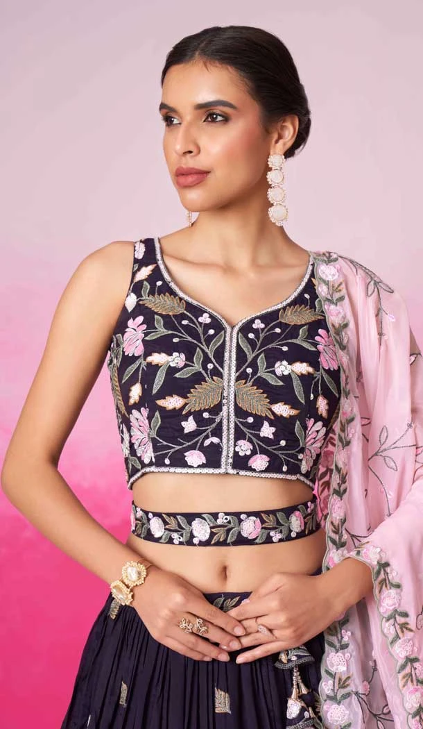 Purple Satin Embroidery Wedding Wear Lehenga Choli - 10084192271