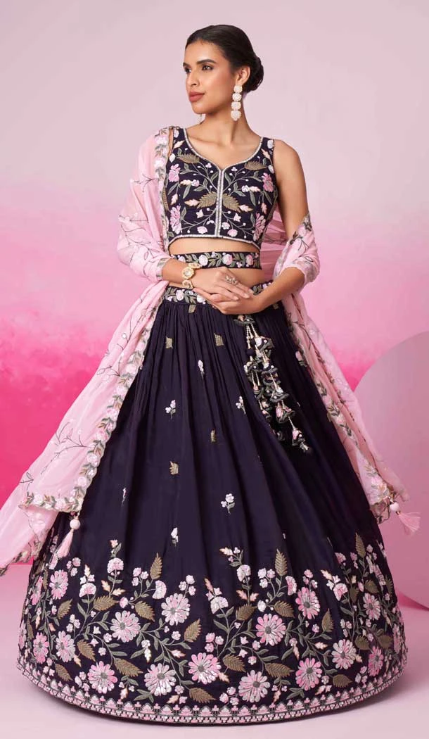 Purple Satin Embroidery Wedding Wear Lehenga Choli - 10084192271