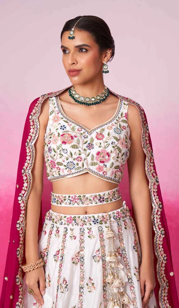 Cream Poly Georgette Embroidery Wedding Wear Lehenga Choli - 10084192272