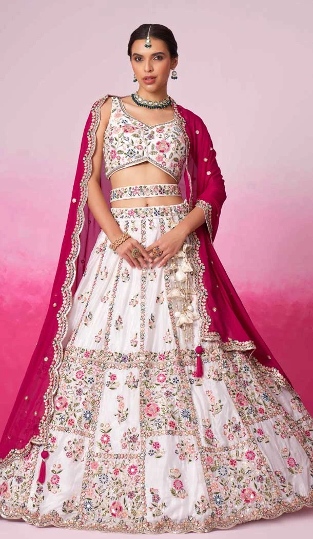 Cream Poly Georgette Embroidery Wedding Wear Lehenga Choli - 10084192272