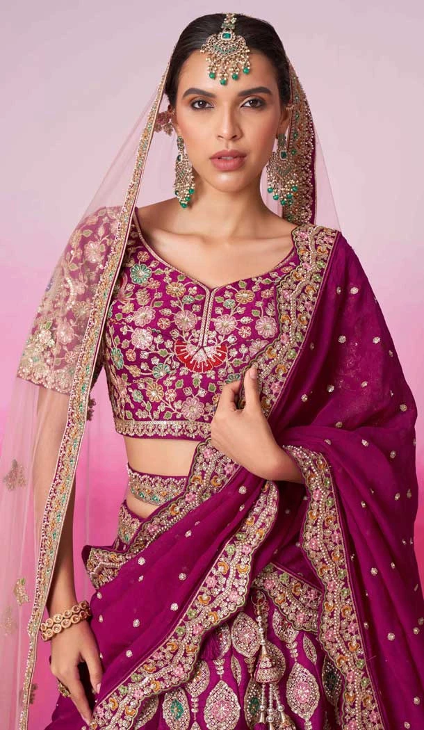 Burgundy Silk Embroidery Wedding Wear Lehenga Choli - 10084192273