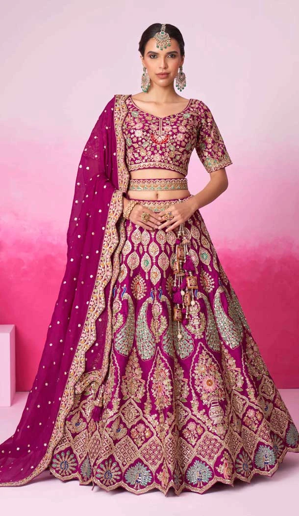 Burgundy Silk Embroidery Wedding Wear Lehenga Choli - 10084192273