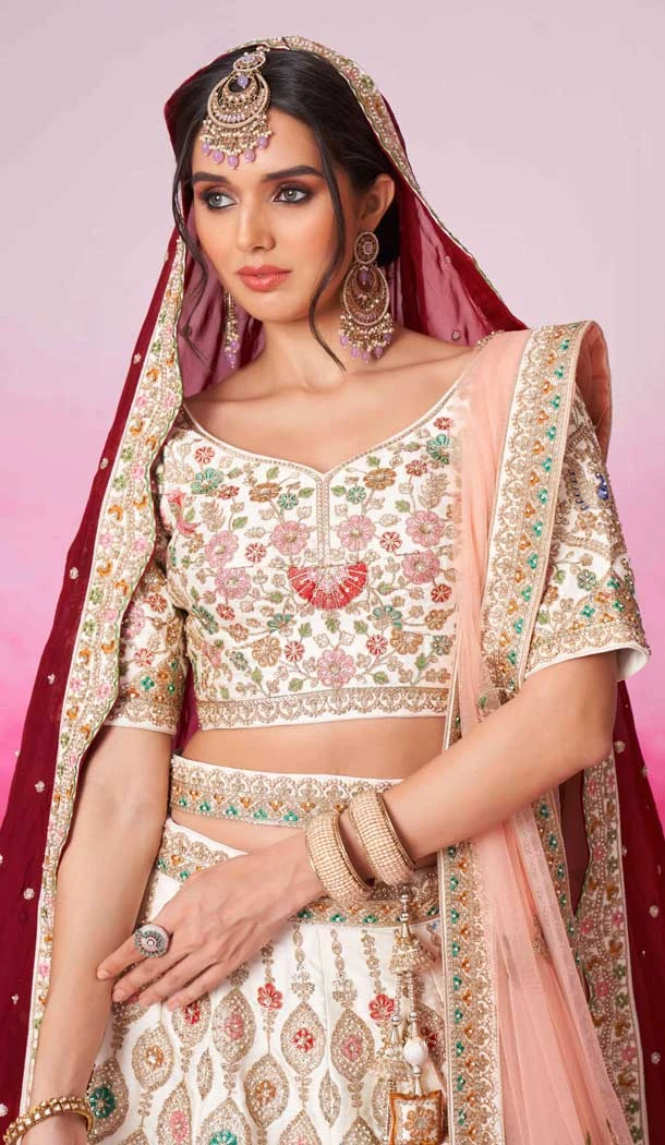 Cream Silk Embroidery Wedding Wear Lehenga Choli - 10084192274