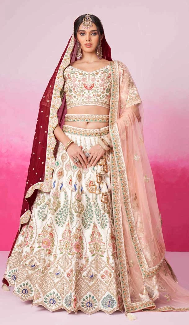 Cream Silk Embroidery Wedding Wear Lehenga Choli - 10084192274