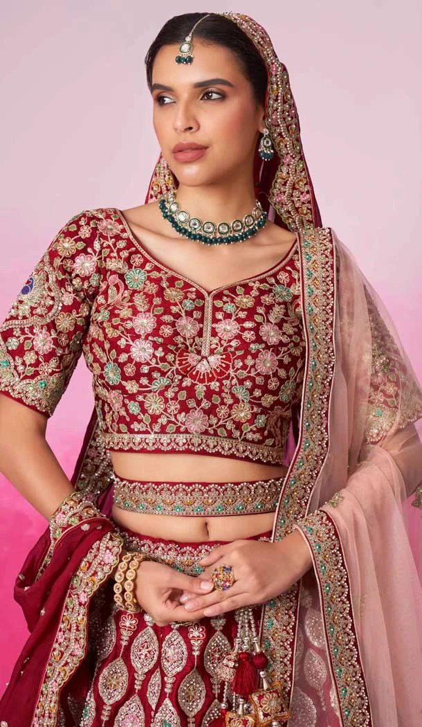 Red Silk Embroidery Wedding Wear Lehenga Choli - 10084192276