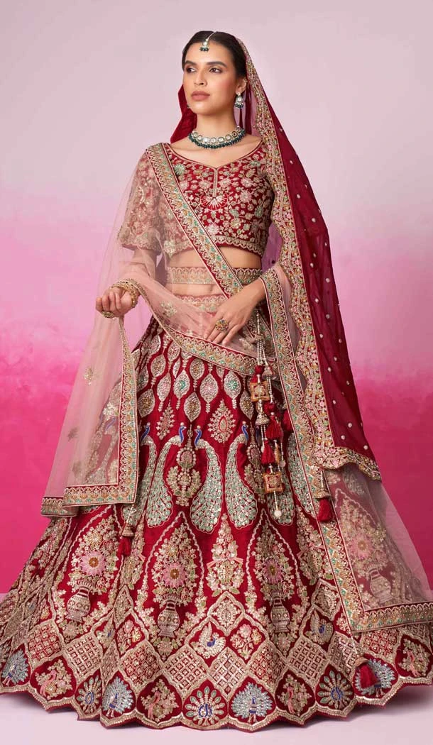Red Silk Embroidery Wedding Wear Lehenga Choli - 10084192276