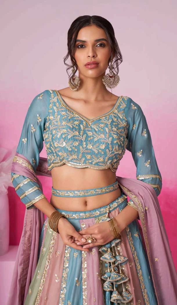 Multi Color Ploy Georgette Embroidery Wedding Wear Lehenga Choli - 10084192278