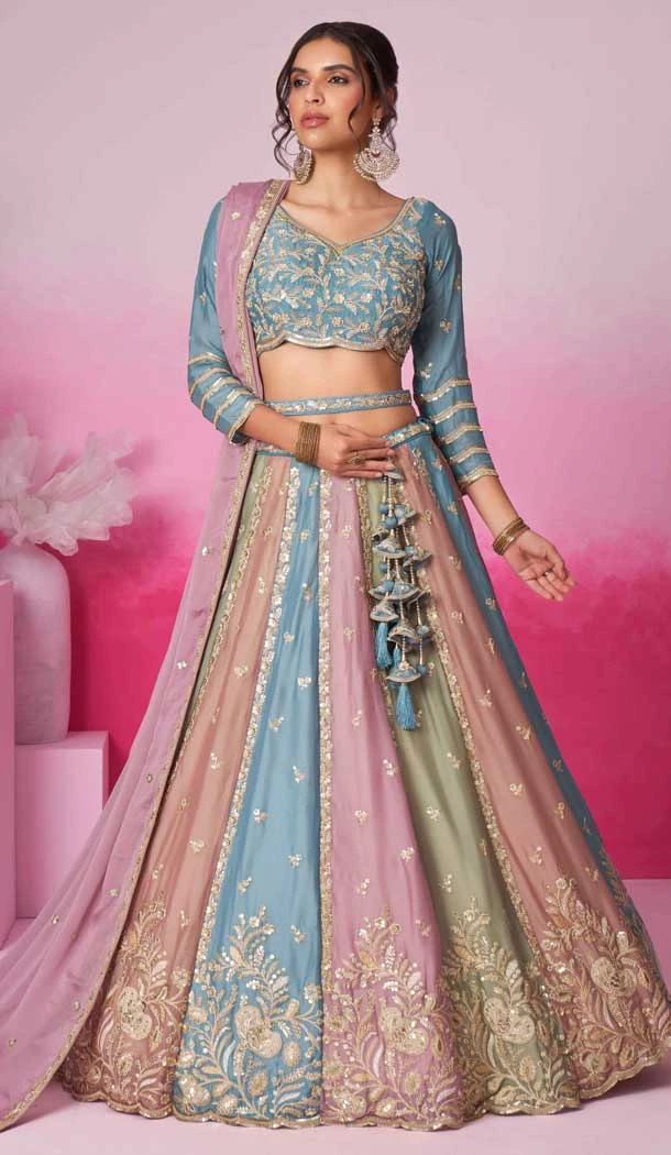 Multi Color Ploy Georgette Embroidery Wedding Wear Lehenga Choli - 10084192278